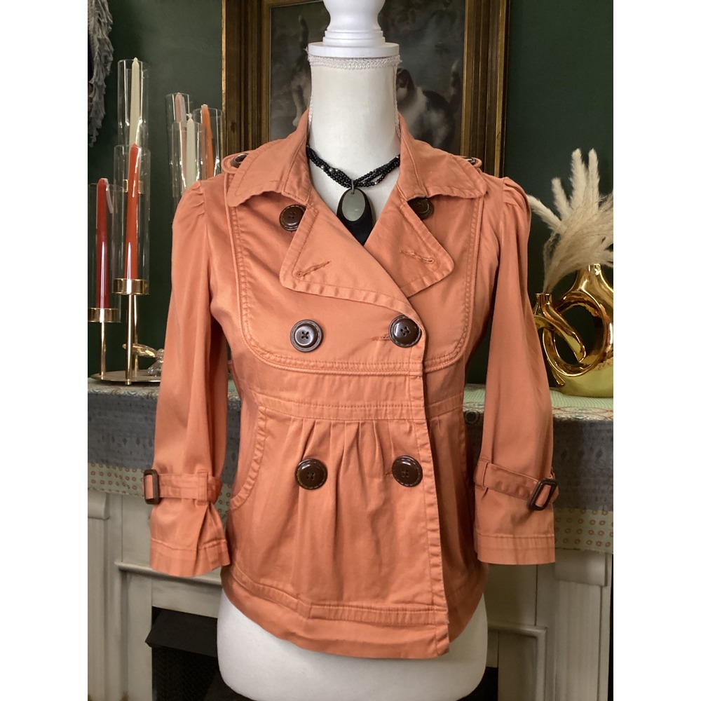American Rag Salmon Orange Cropped Trench Jacket Double Breasted 3/4 Sleeve XS